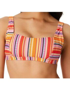 Jessica Simpson Women's Retro-Look Bikini Swim Top, Multi Stripe, Large